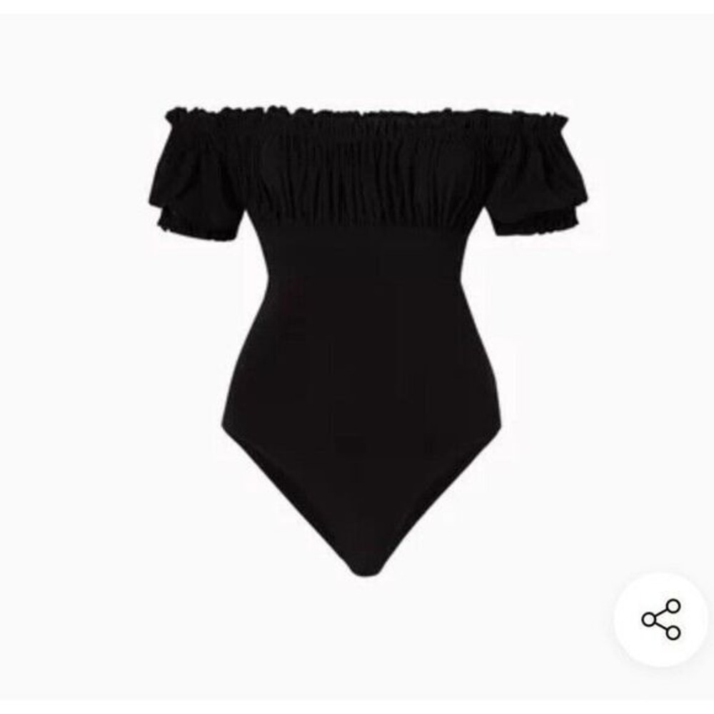 Norma Kamali Black Off Shoulder Ruched Puff Sleeve Bodysuit/Swimsuit